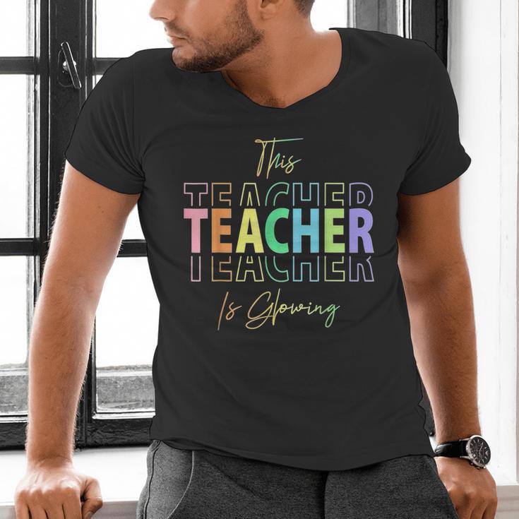This Teacher Is Glowing Hello Summer End Of School Men's V-Neck T-Shirt, gift for family, gift for coworker This Teacher Is Glowing Hello Summer End Of School Men's V-Neck T-Shirt, gift for family, gift for coworker