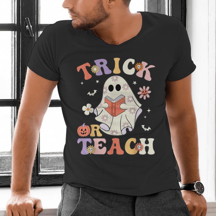 Teacher Halloween Trick Or Teach Floral Ghost Men's V-Neck T-Shirt, gift for family, gift for coworker