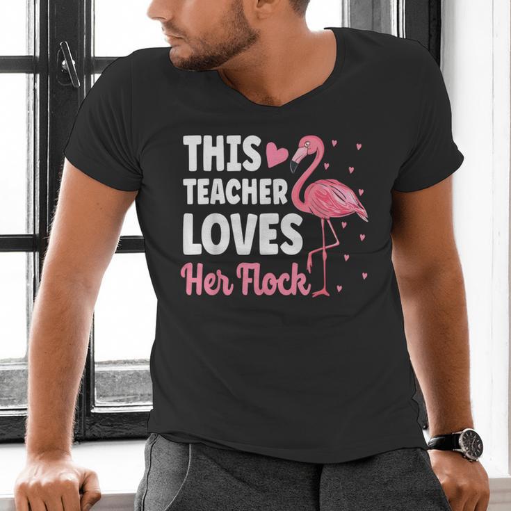 This Teacher Loves Her Flock Teaching Flamingo Girl Men's V-Neck T-Shirt, gift for family, gift for coworker This Teacher Loves Her Flock Teaching Flamingo Girl Men's V-Neck T-Shirt, gift for family, gift for coworker