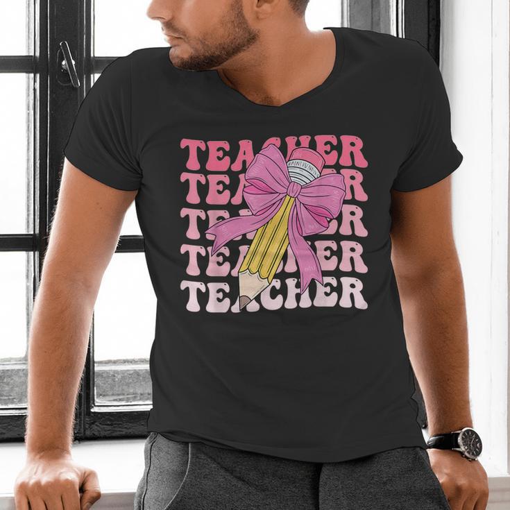 Teacher Pencil Back To School Groovy Pink Teacher First Day Men's V-Neck T-Shirt, Groovy Teacher Shirts, gift for family, gift for coworker Teacher Pencil Back To School Groovy Pink Teacher First Day Men's V-Neck T-Shirt, Groovy Teacher Shirts, gift for family, gift for coworker