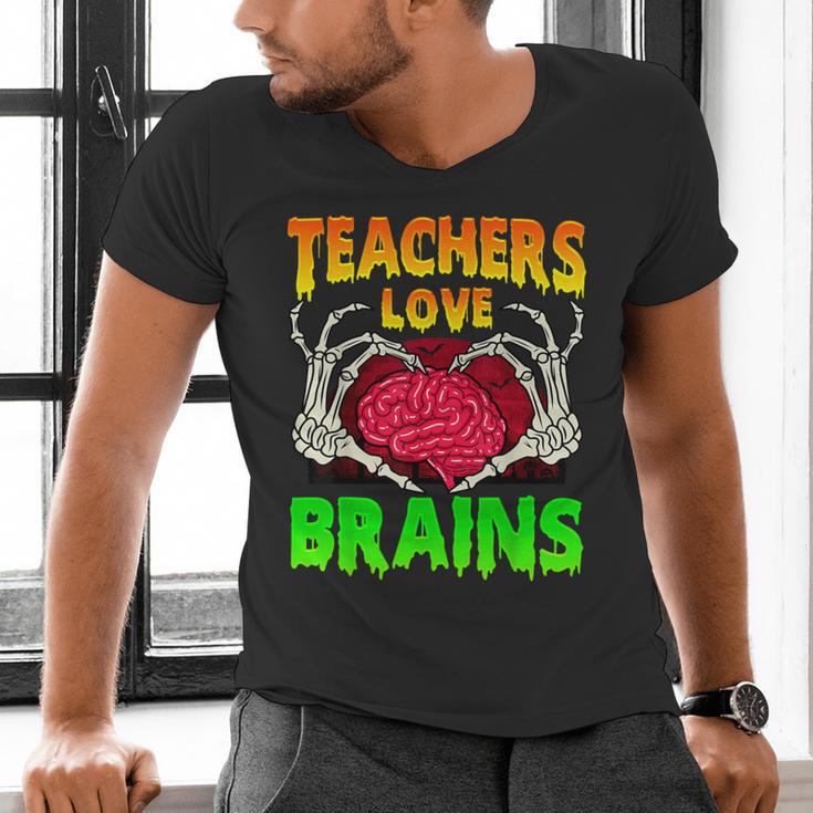 Teacher Teachers Love Brains Skeleton Hand Heart Halloween Men's V-Neck T-Shirt, gift for family, gift for coworker