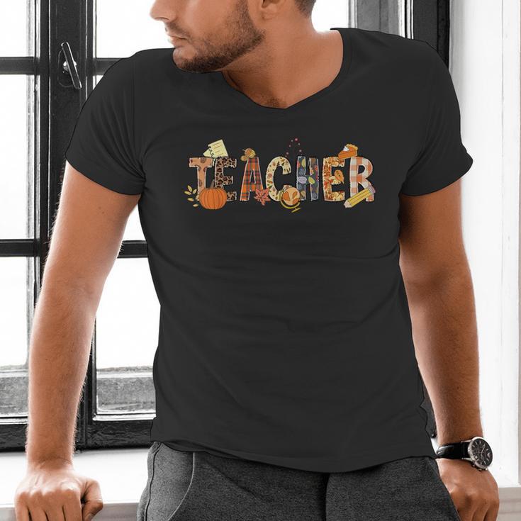 Teacher Thanksgiving Women Autumn Fall Halloween Pumpkin Tee Men's V-Neck T-Shirt, gift for family, gift for coworker Teacher Thanksgiving Women Autumn Fall Halloween Pumpkin Tee Men's V-Neck T-Shirt, gift for family, gift for coworker