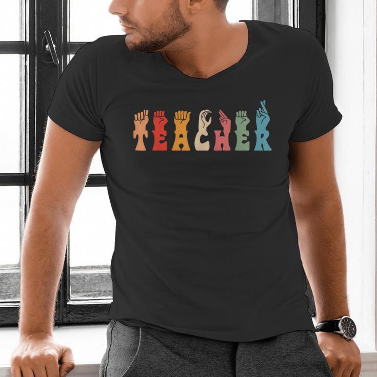 Teacher Word In Sign Language Awareness ASL Back To School Men's V-Neck T-Shirt, gift for family, gift for coworker Teacher Word In Sign Language Awareness ASL Back To School Men's V-Neck T-Shirt, gift for family, gift for coworker