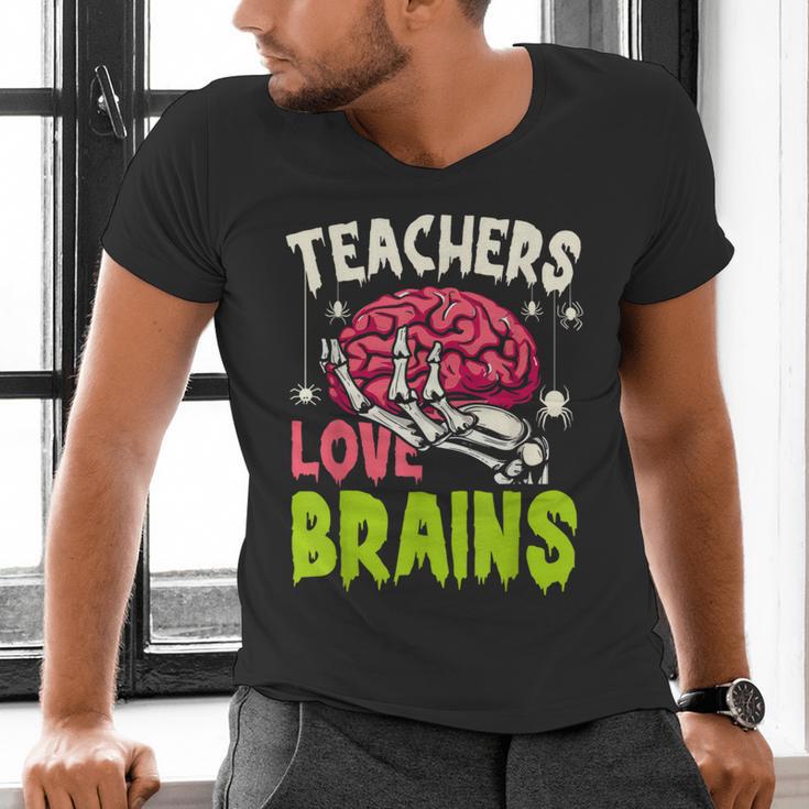 Teachers Love Brains Skeleton Halloween Teacher Funny Men's V-Neck T-Shirt, gift for family, gift for coworker