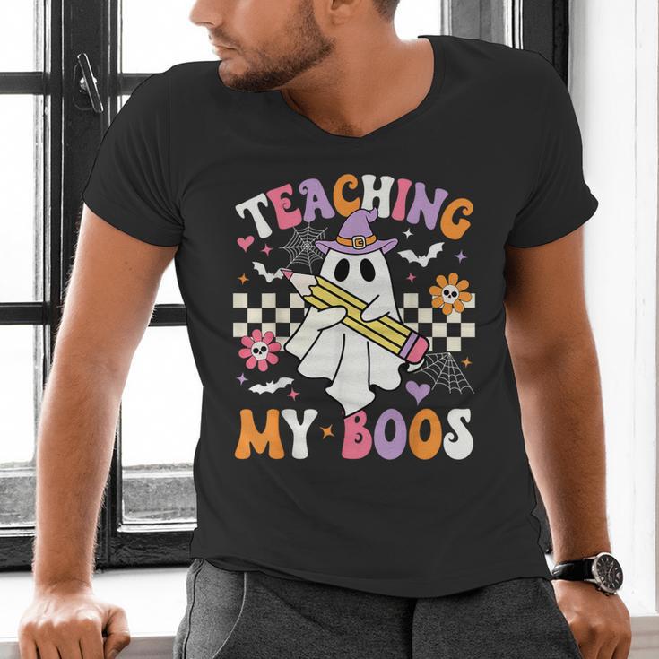 Teaching My Boos Ghost Teacher Cute Groovy Halloween Teacher Men's V-Neck T-Shirt, Groovy Teacher Shirts, gift for family, gift for coworker Teaching My Boos Ghost Teacher Cute Groovy Halloween Teacher Men's V-Neck T-Shirt, Groovy Teacher Shirts, gift for family, gift for coworker