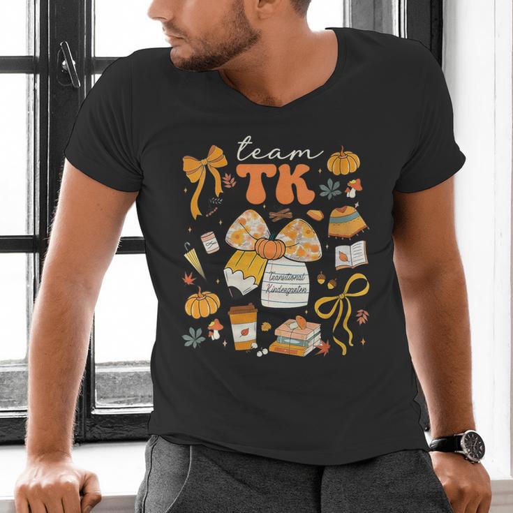 Team TK Crew Preppy Coquette Bow Pumpkin Fall TK Teacher Men's V-Neck T-Shirt, gift for family, gift for coworker Team TK Crew Preppy Coquette Bow Pumpkin Fall TK Teacher Men's V-Neck T-Shirt, gift for family, gift for coworker