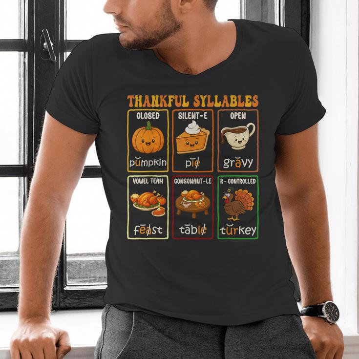 Thankful Syllables Thanksgiving Phonics Reading Teacher Fall Men's V-Neck T-Shirt, gift for family, gift for coworker Thankful Syllables Thanksgiving Phonics Reading Teacher Fall Men's V-Neck T-Shirt, gift for family, gift for coworker