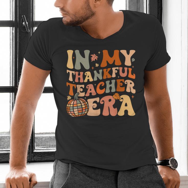 In My Thankful Teacher Era Cute Groovy Thanksgiving Teacher Men's V-Neck T-Shirt, Groovy Teacher Shirts, gift for family, gift for coworker