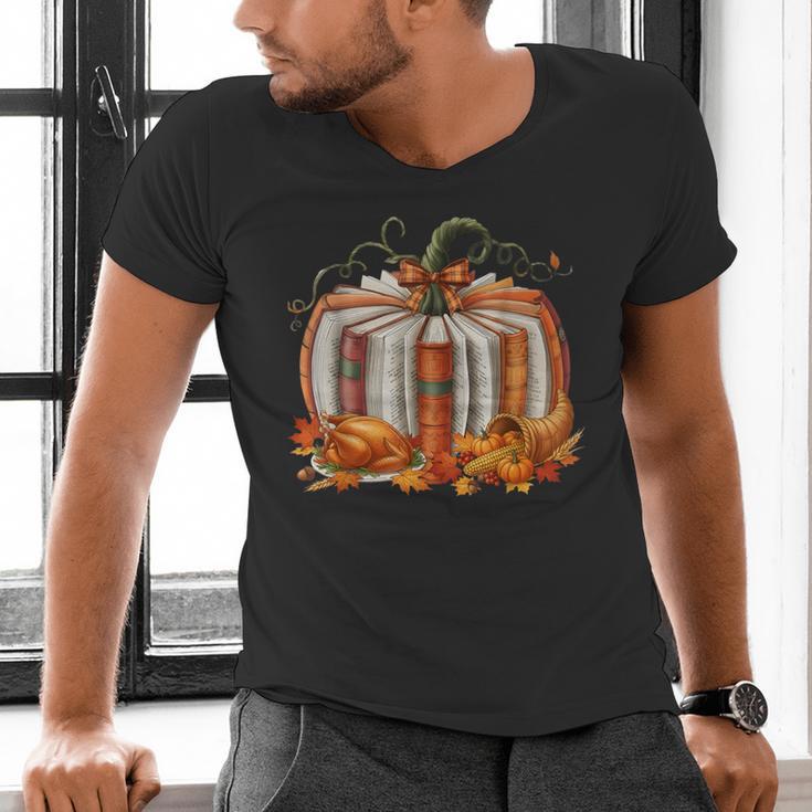 Thanksgiving Book Pumpkin Reading Teachers Fall Lovers Boys Men's V-Neck T-Shirt, gift for family, gift for coworker
