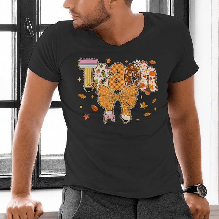 Thanksgiving Teacher Pencil Bow One Thankful Teacher Fall Men's V-Neck T-Shirt, gift for family, gift for coworker Thanksgiving Teacher Pencil Bow One Thankful Teacher Fall Men's V-Neck T-Shirt, gift for family, gift for coworker