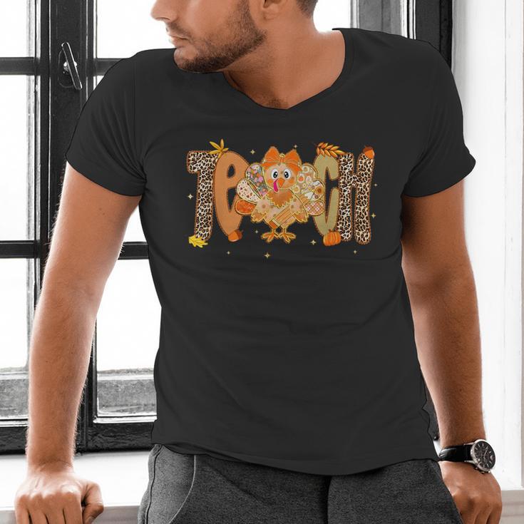 Thanksgiving Turkey Teach Thankful Teacher Girly Bow Women Men's V-Neck T-Shirt, gift for family, gift for coworker Thanksgiving Turkey Teach Thankful Teacher Girly Bow Women Men's V-Neck T-Shirt, gift for family, gift for coworker