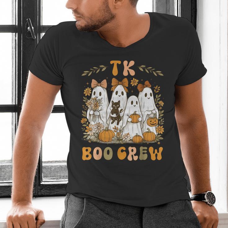 TK Boo Crew Preppy Halloween Floral Ghost TK Teacher Team TK Men's V-Neck T-Shirt, gift for family, gift for coworker TK Boo Crew Preppy Halloween Floral Ghost TK Teacher Team TK Men's V-Neck T-Shirt, gift for family, gift for coworker