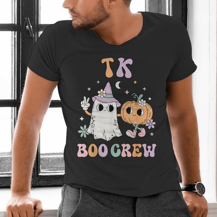 TK Boo Crew Retro Groovy Halloween Floral Ghost TK Teacher Men Women Kids Men's V-Neck T-Shirt, Groovy Teacher Shirts, gift for family, gift for coworker