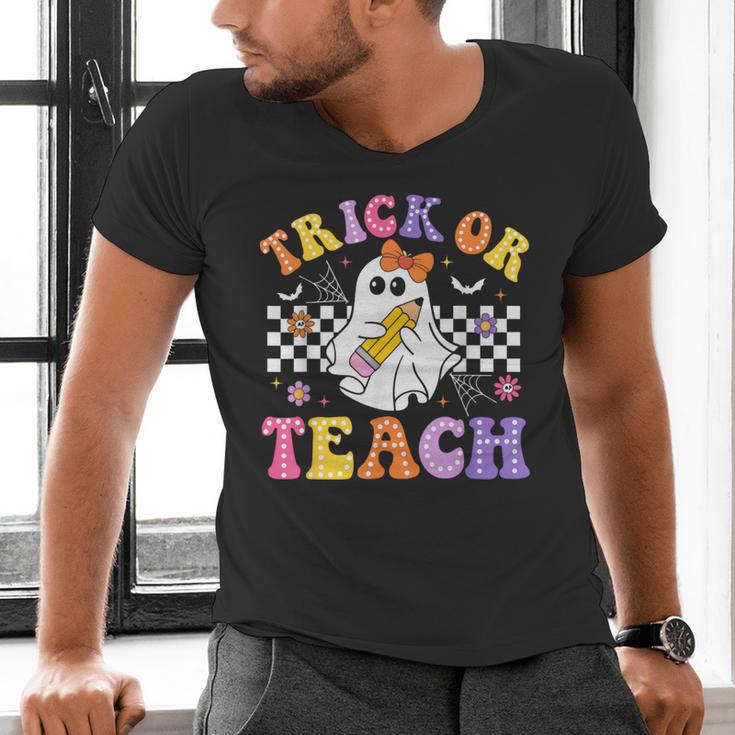 Trick Or Teach Groovy Halloween Teachers Men's V-Neck T-Shirt, gift for family, gift for coworker Trick Or Teach Groovy Halloween Teachers Men's V-Neck T-Shirt, gift for family, gift for coworker