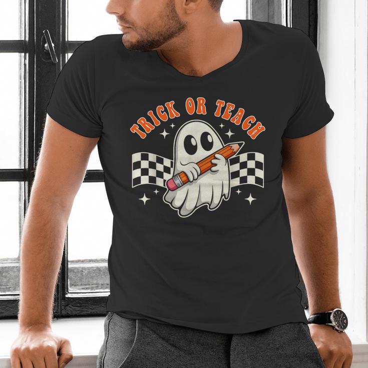 Trick Or Teach Groovy Retro Ghost Halloween Teacher Kids Men's V-Neck T-Shirt, Groovy Teacher Shirts, gift for family, gift for coworker Trick Or Teach Groovy Retro Ghost Halloween Teacher Kids Men's V-Neck T-Shirt, Groovy Teacher Shirts, gift for family, gift for coworker