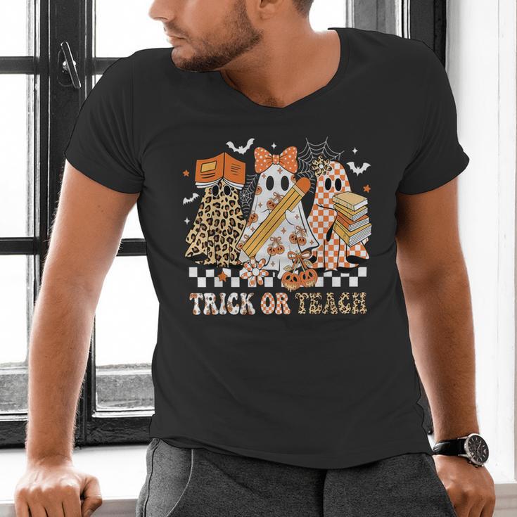 Trick Or Teach Groovy Teacher Halloween Floral Ghost Men's V-Neck T-Shirt, Groovy Teacher Shirts, gift for family, gift for coworker Trick Or Teach Groovy Teacher Halloween Floral Ghost Men's V-Neck T-Shirt, Groovy Teacher Shirts, gift for family, gift for coworker