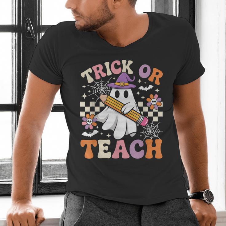 Trick Or Teach Groovy Teacher Halloween Retro Ghost Men's V-Neck T-Shirt, Groovy Teacher Shirts, gift for family, gift for coworker Trick Or Teach Groovy Teacher Halloween Retro Ghost Men's V-Neck T-Shirt, Groovy Teacher Shirts, gift for family, gift for coworker