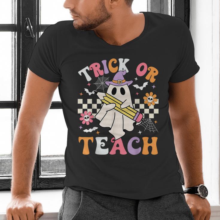 Trick Or Teach Groovy Teacher Halloween Retro Teacher Ghost Men's V-Neck T-Shirt, Groovy Teacher Shirts, gift for family, gift for coworker