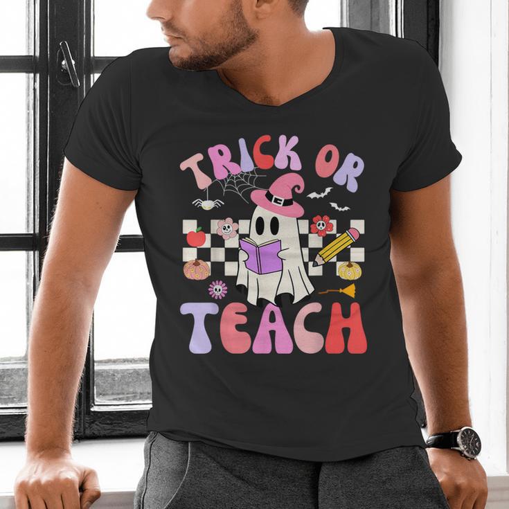 Trick Or Teach Halloween Teacher Floral Ghost Groovy Men's V-Neck T-Shirt, Groovy Teacher Shirts, gift for family, gift for coworker Trick Or Teach Halloween Teacher Floral Ghost Groovy Men's V-Neck T-Shirt, Groovy Teacher Shirts, gift for family, gift for coworker