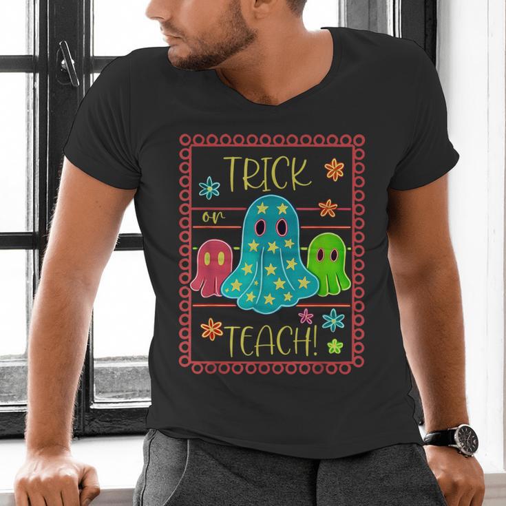 Trick Or Teach Neon Ghost Flower Teacher Spooky Halloween Men's V-Neck T-Shirt, gift for family, gift for coworker