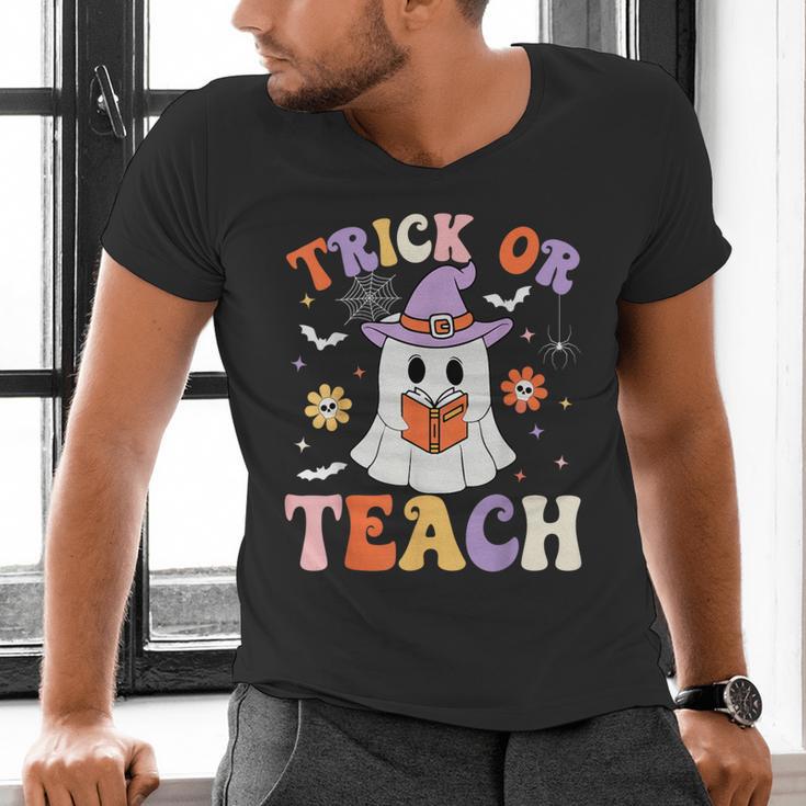 Trick Or Teach Teacher Groovy Ghost Halloween Teacher Men's V-Neck T-Shirt, Groovy Teacher Shirts, gift for family, gift for coworker