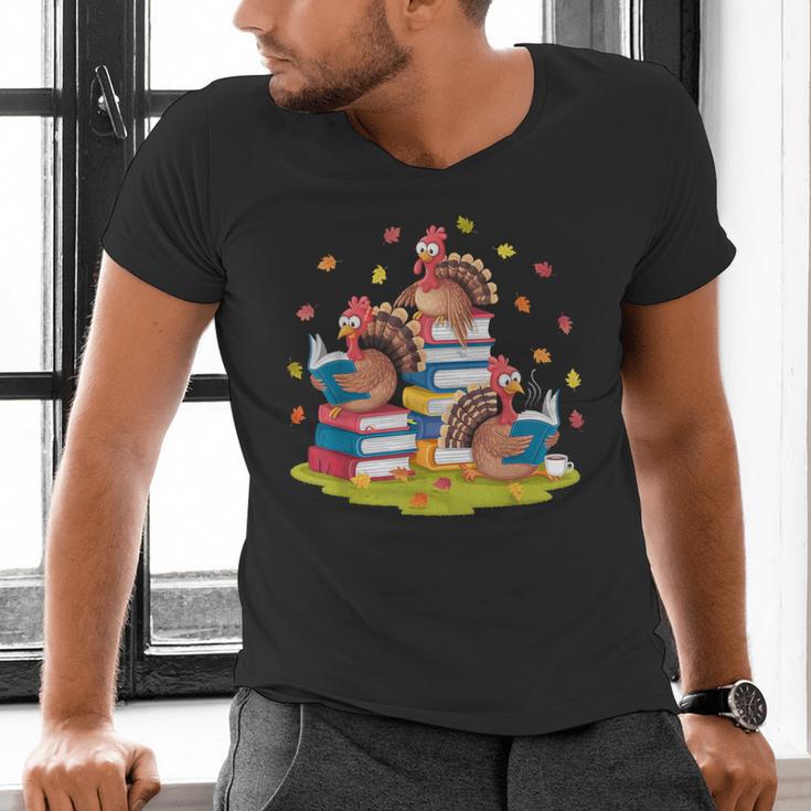 Turkey Reading Books Fall Season Thanksgiving Teacher Book Men's V-Neck T-Shirt, gift for family, gift for coworker