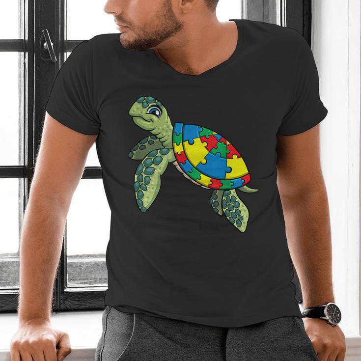Turtle Puzzle Pieces For Autism Awareness Kids Women Teacher Men's V-Neck T-Shirt, gift for family, gift for coworker Turtle Puzzle Pieces For Autism Awareness Kids Women Teacher Men's V-Neck T-Shirt, gift for family, gift for coworker