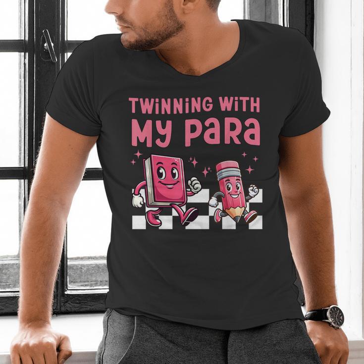 Twinning With My Para Teacher Matching Paraprofessional 70s For Men Women Men's V-Neck T-Shirt, gift for family, gift for coworker Twinning With My Para Teacher Matching Paraprofessional 70s For Men Women Men's V-Neck T-Shirt, gift for family, gift for coworker
