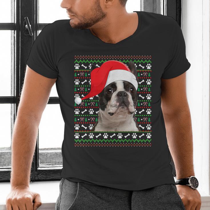 Ugly Xmas Sweater Santa Boston Terrier Dog Christmas For Men Women Kids Men's V-Neck T-Shirt, Boston Terrier Christmas Shirts, gift for family, gift for coworker
