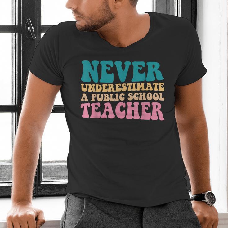 Never Underestimate A Public School Teacher Groovy Women Men's V-Neck T-Shirt, Groovy Teacher Shirts, gift for family, gift for coworker
