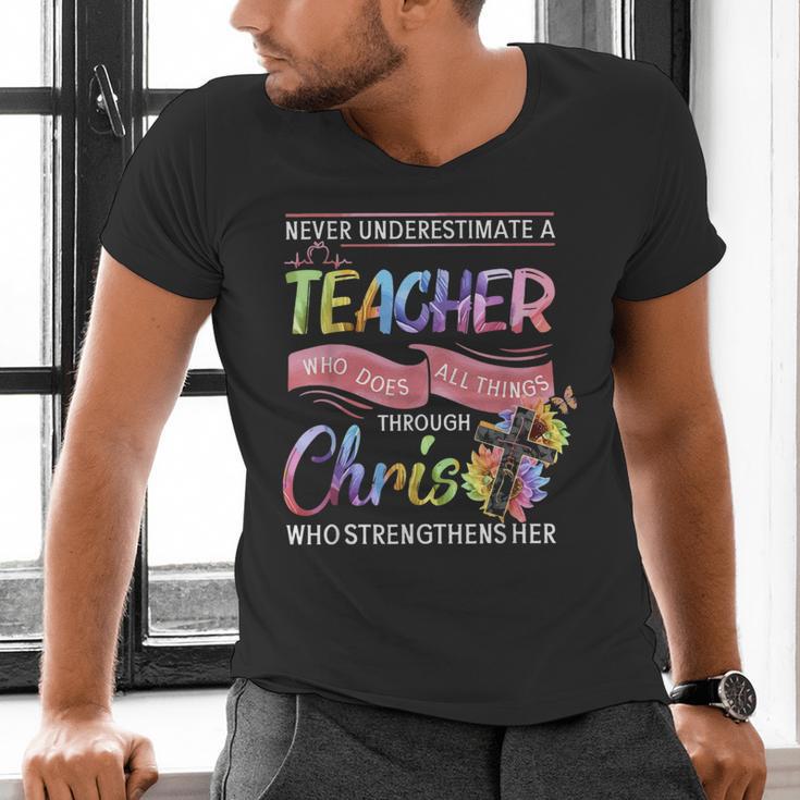 Never Underestimate A Teacher Does All Things Through Christ For Men Women Men's V-Neck T-Shirt, gift for family, gift for coworker Never Underestimate A Teacher Does All Things Through Christ For Men Women Men's V-Neck T-Shirt, gift for family, gift for coworker
