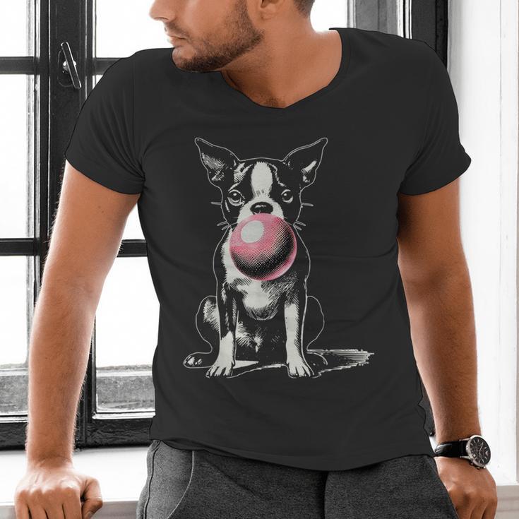 Vintage Boston Terrier Blowing Bubble Gum American Gentleman Men's V-Neck T-Shirt, American Boston Terrier Shirts, gift for family, gift for coworker