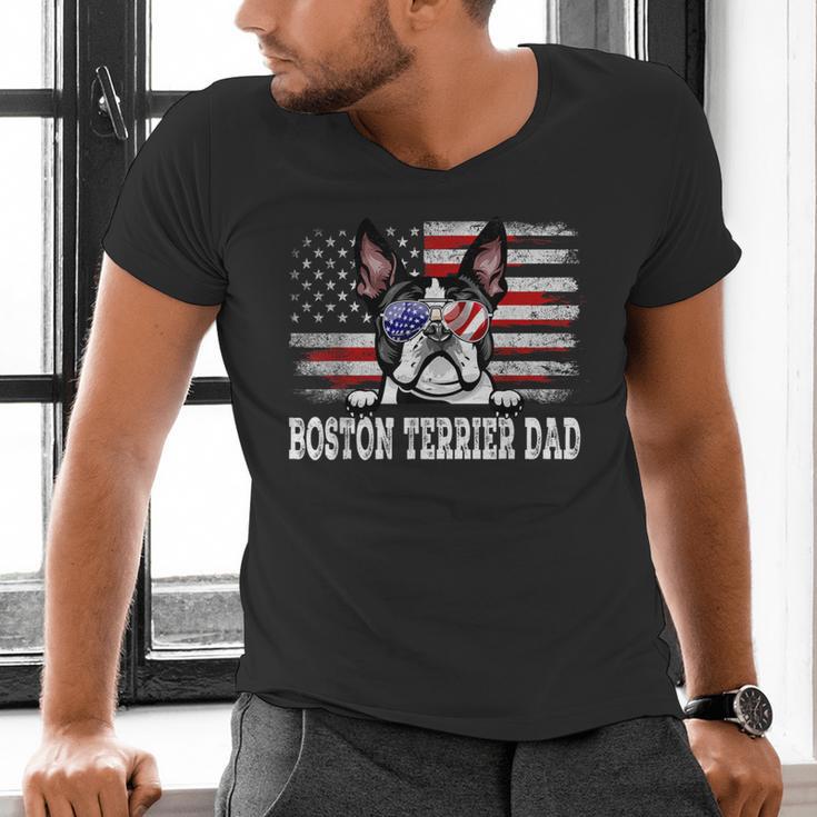 Vintage Boston Terrier Dad American Flag Father's Day Men's V-Neck T-Shirt, Boston Terrier Dad Shirts, American Boston Terrier Shirts, gift for family, gift for coworker