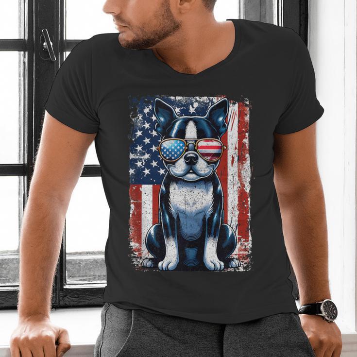 Vintage Boston Terrier Dog American USA US Flag Pets Lovers Men's V-Neck T-Shirt, American Boston Terrier Shirts, gift for family, gift for coworker
