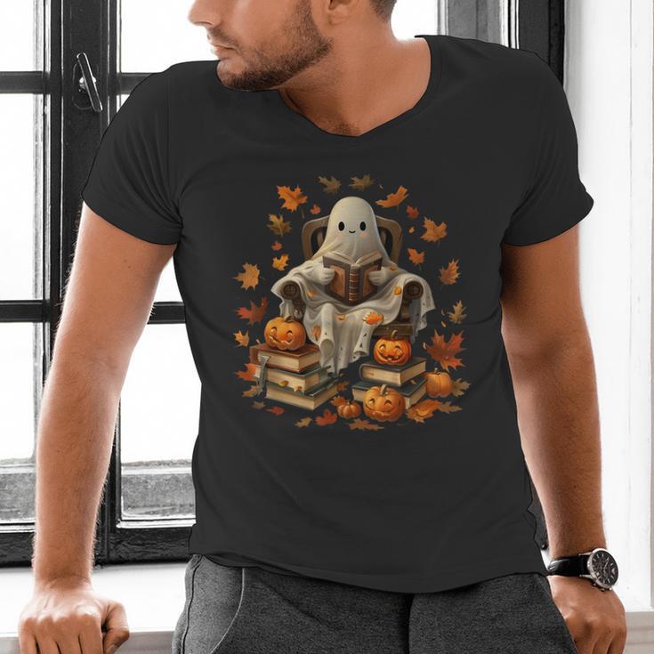 Vintage Ghost Book Reading Pumpkin Gothic Halloween Teachers Men Women Kids Men's V-Neck T-Shirt, gift for family, gift for coworker