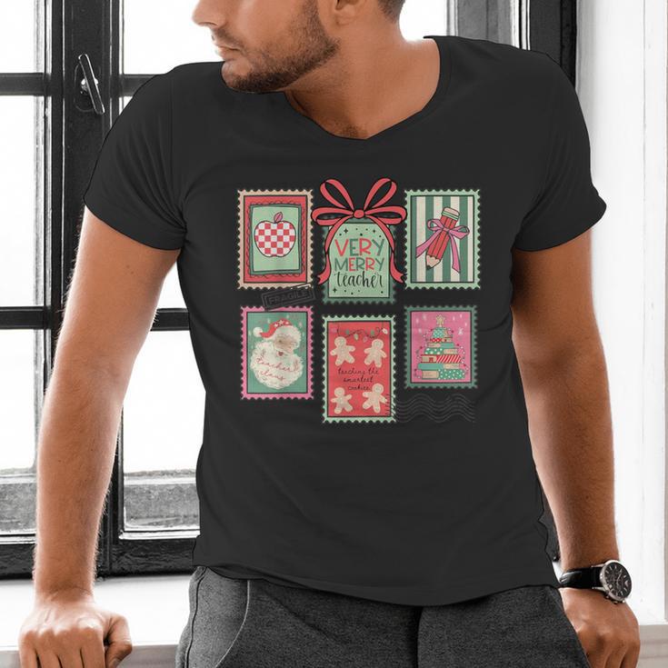 Vintage Preppy Very Merry Teacher Santa Stamps Christmas Men's V-Neck T-Shirt, gift for family, gift for coworker