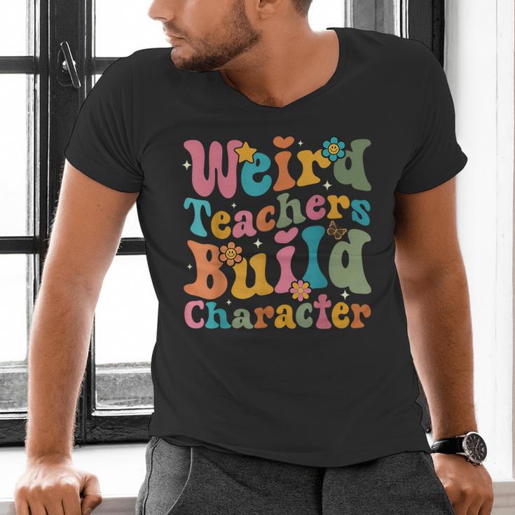 Vintage Teacher Sayings Weird Teachers Build Character For Men Women Men's V-Neck T-Shirt, gift for family, gift for coworker