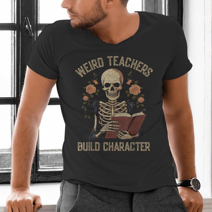 Weird Teachers Build Character Skeleton Book Halloween Women Men's V-Neck T-Shirt, gift for family, gift for coworker Weird Teachers Build Character Skeleton Book Halloween Women Men's V-Neck T-Shirt, gift for family, gift for coworker