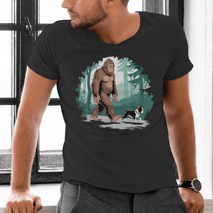 Whimsical Forest Adventures Sasquatch Bigfoot Walking Boston Terrier Dog Lovers Men's V-Neck T-Shirt, gift for family, gift for coworker