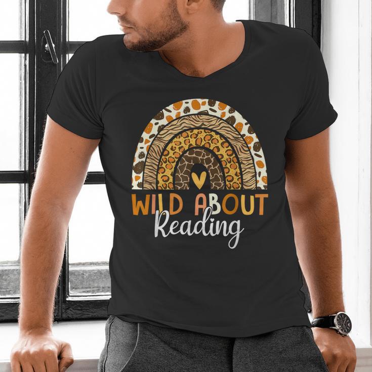 Wild About Reading Teacher Back To School Leopard Rainbow Men's V-Neck T-Shirt, gift for family, gift for coworker