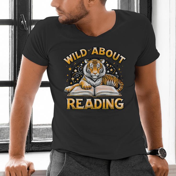 Wild About Reading Tiger For Teachers & Students Men's V-Neck T-Shirt, gift for family, gift for coworker Wild About Reading Tiger For Teachers & Students Men's V-Neck T-Shirt, gift for family, gift for coworker