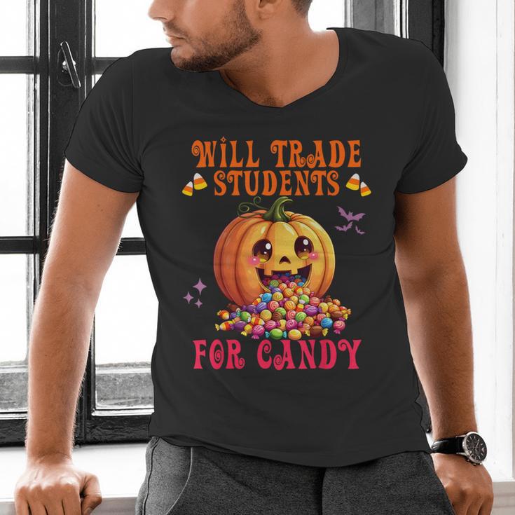 Will Trade Students For Candy Teacher Cute Halloween Pumpkin Men's V-Neck T-Shirt, gift for family, gift for coworker Will Trade Students For Candy Teacher Cute Halloween Pumpkin Men's V-Neck T-Shirt, gift for family, gift for coworker
