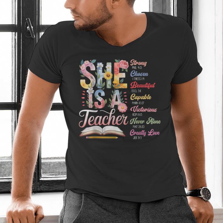 Women Bible Verse Christian Teacher God Says Back To School Men's V-Neck T-Shirt, gift for family, gift for coworker