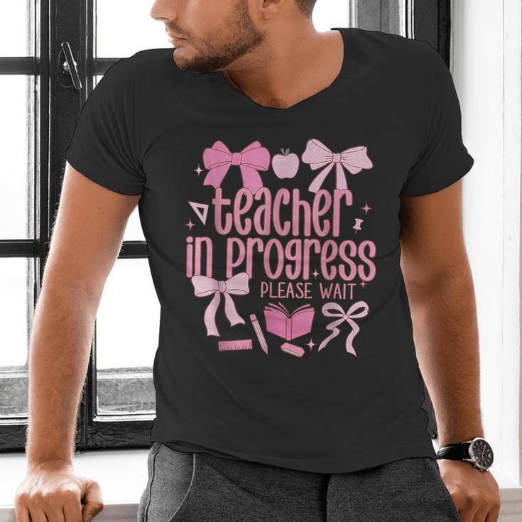 Women Teacher In Progress Coquette Pink Bow Future Teacher Men's V-Neck T-Shirt, Future Teacher Shirts, gift for family, gift for coworker Women Teacher In Progress Coquette Pink Bow Future Teacher Men's V-Neck T-Shirt, Future Teacher Shirts, gift for family, gift for coworker