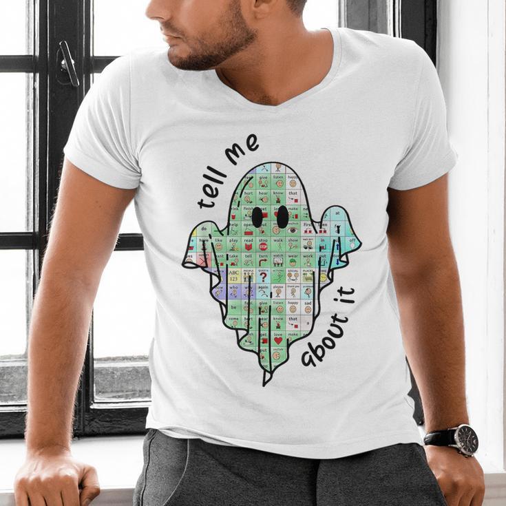 AAC Ghost Tell Me About It Speech Pathology AAC Sped Teacher Men's V-Neck T-Shirt, gift for family, gift for coworker AAC Ghost Tell Me About It Speech Pathology AAC Sped Teacher Men's V-Neck T-Shirt, gift for family, gift for coworker