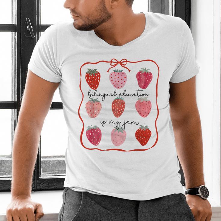Bilingual Education Is My Jam Strawberry Spanish Teacher Men's V-Neck T-Shirt, gift for family, gift for coworker Bilingual Education Is My Jam Strawberry Spanish Teacher Men's V-Neck T-Shirt, gift for family, gift for coworker