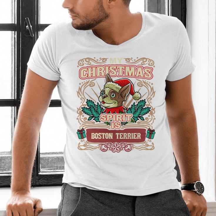 Boston Terrier My Christmas Spirit Dog Santa Claus X-Mas Men's V-Neck T-Shirt, Boston Terrier Christmas Shirts, gift for family, gift for coworker
