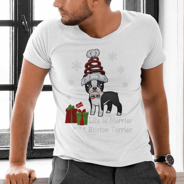 Boston Terrier Christmas T Shirt-Life Is Merrier Premium Tri-Blend Men's V-Neck T-Shirt, Boston Terrier Christmas Shirts, gift for family, gift for coworker