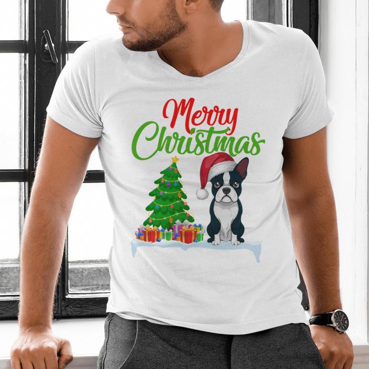 Boston Terrier Christmas Tree Lights Xmas Dog Lover Men's V-Neck T-Shirt, Boston Terrier Christmas Shirts, gift for family, gift for coworker