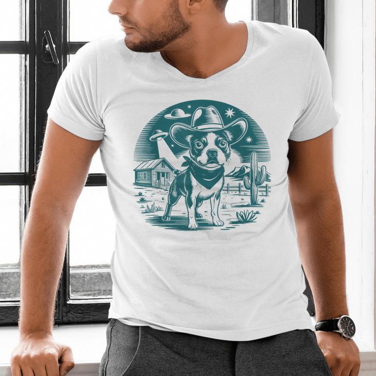 Boston Terrier Cowboy UFO Shirt Vintage Western Dog Mom Tee Men's V-Neck T-Shirt, Boston Terrier Mom Shirts, gift for family, gift for coworker